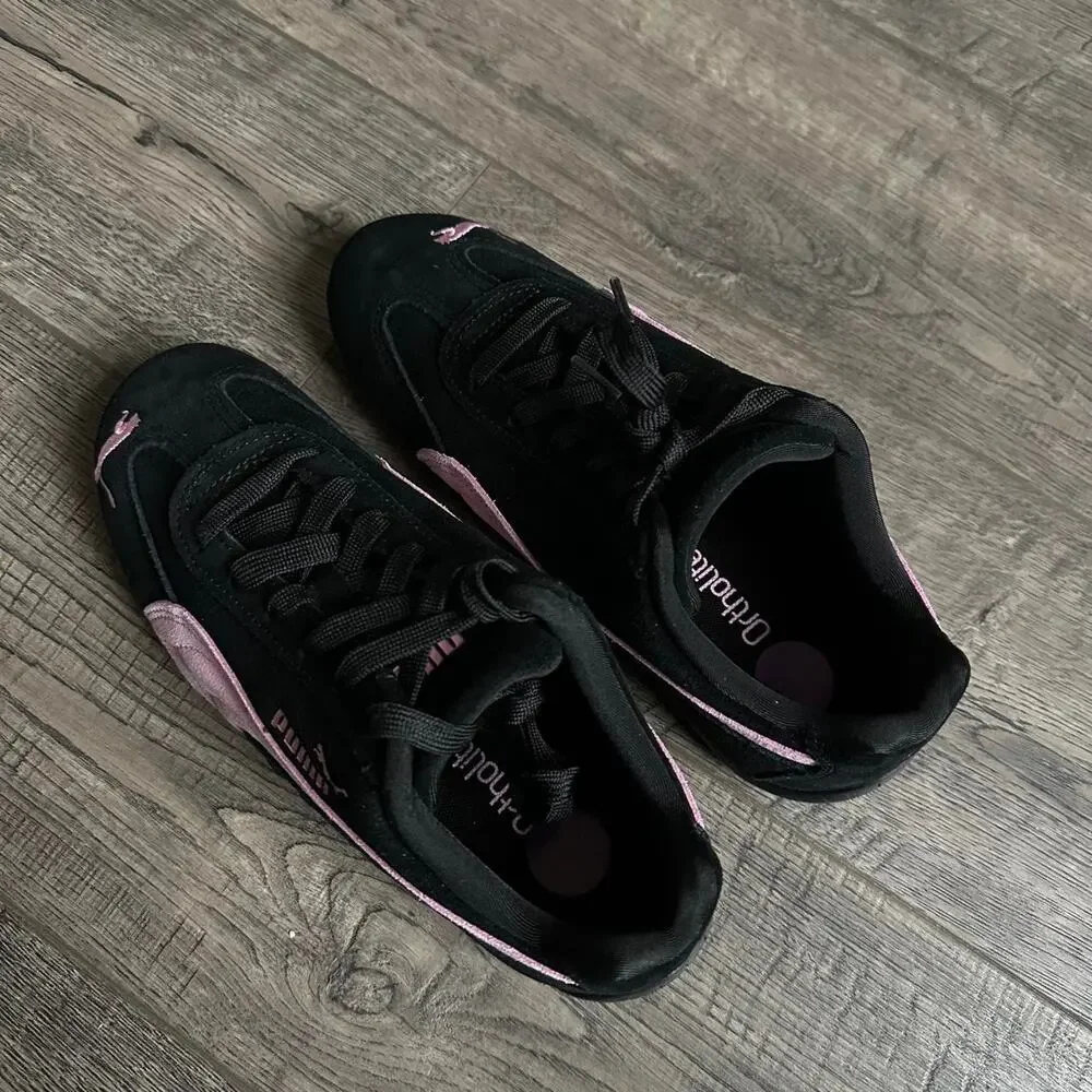 Cute Black Pink Suede Slim Sporty Puma Speedcat Low Top Driving Shoe Sneaker